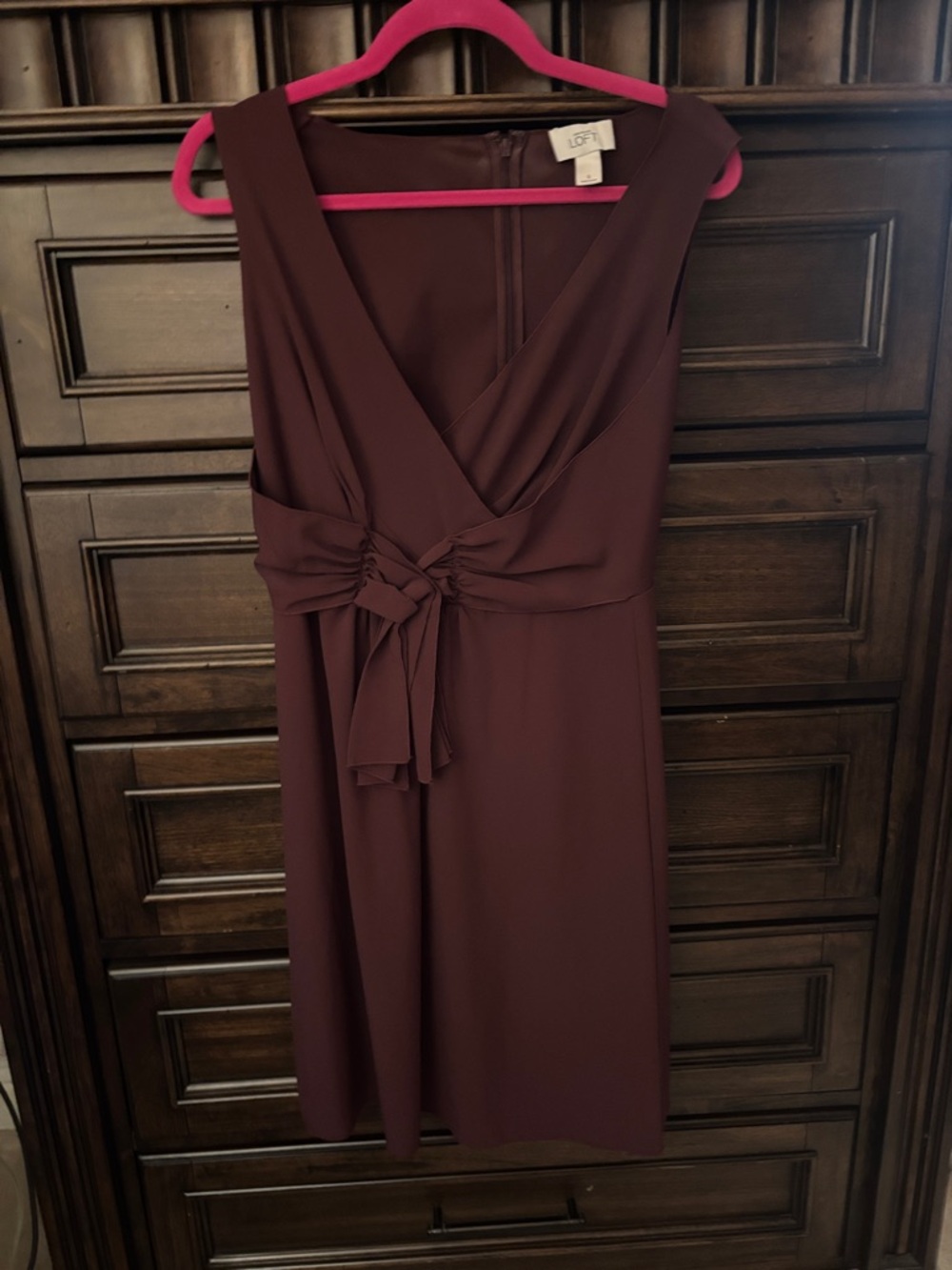 LOFT Sleeveless V-Neck Knot-Front Midi Dress in Burgundy